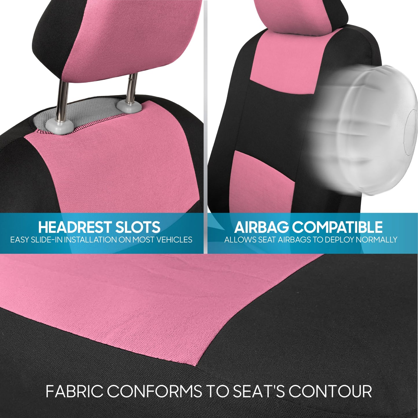 BDK PolyPro Car Seat Covers Full Set in Pink on Black – Front and Rear Split Bench for Cars, Easy to Install Cover Set, Accessories Auto Trucks Van SUV