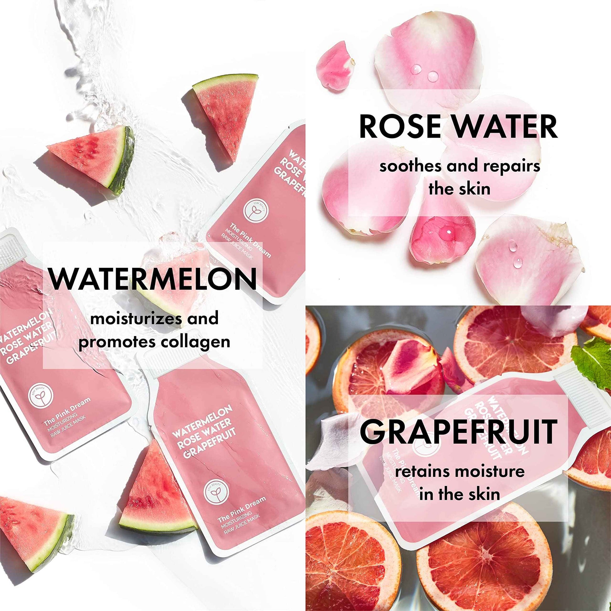 ESW Beauty The Pink Dream - Moisturizing Raw Juice Face Mask (6-Pack) - Hydrating with Watermelon, Rose Water & Grapefruit for Dry, Sensitive Skin - Vitamins C & E for Radiance