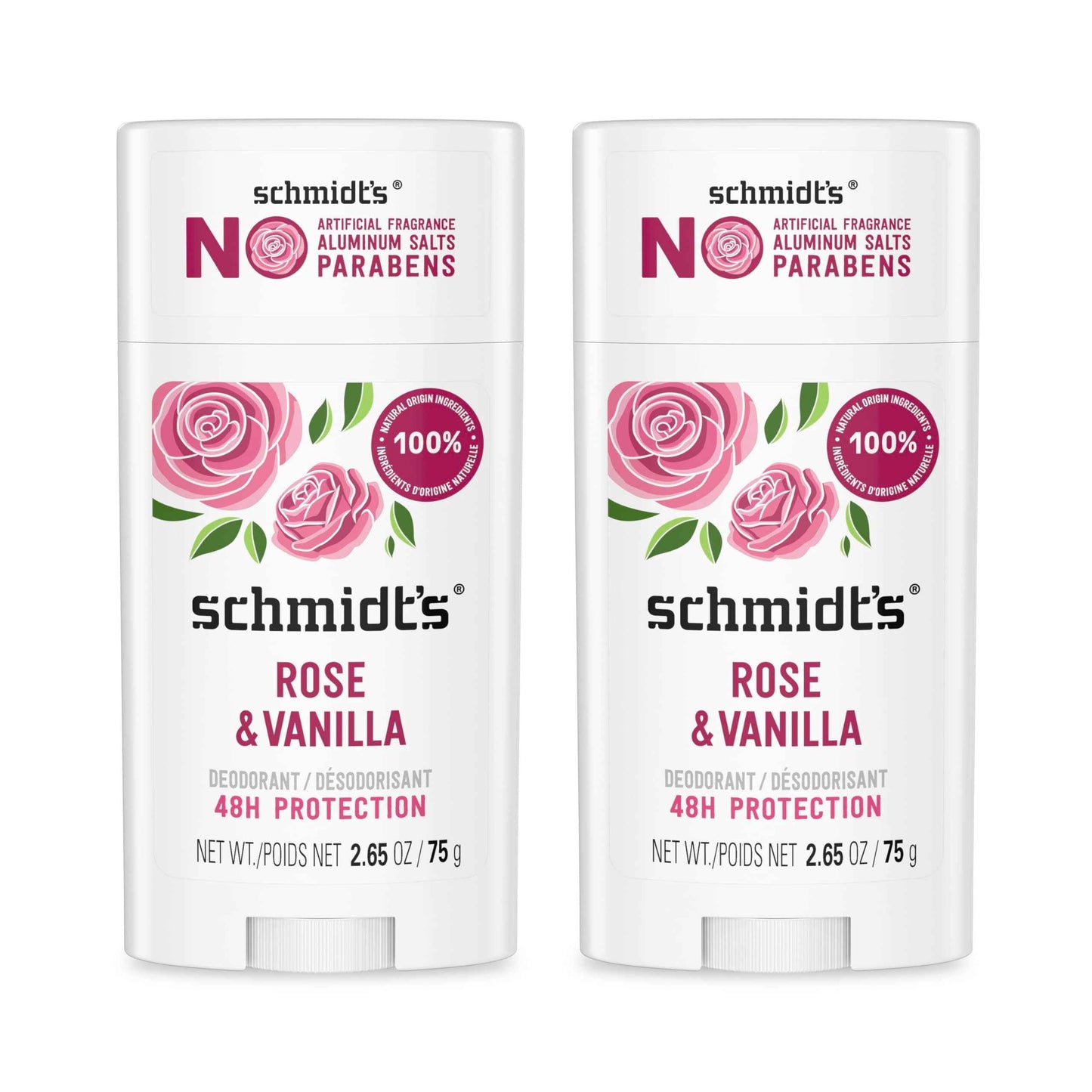 Schmidt's Aluminum-Free Vegan Deodorant Rose & Vanilla 2 Count and Clean Coconut 2.65 oz Each, 24 Hour Odor Protection