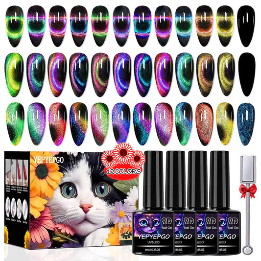 YEPYEPGO 9D Cat Eye Gel Nail Polish Set 12 Colors, Cat Eye Gel Polish with Magnet, Magnetic Cateye Gel Chameleon Galaxy Effects Professional Use for Salon