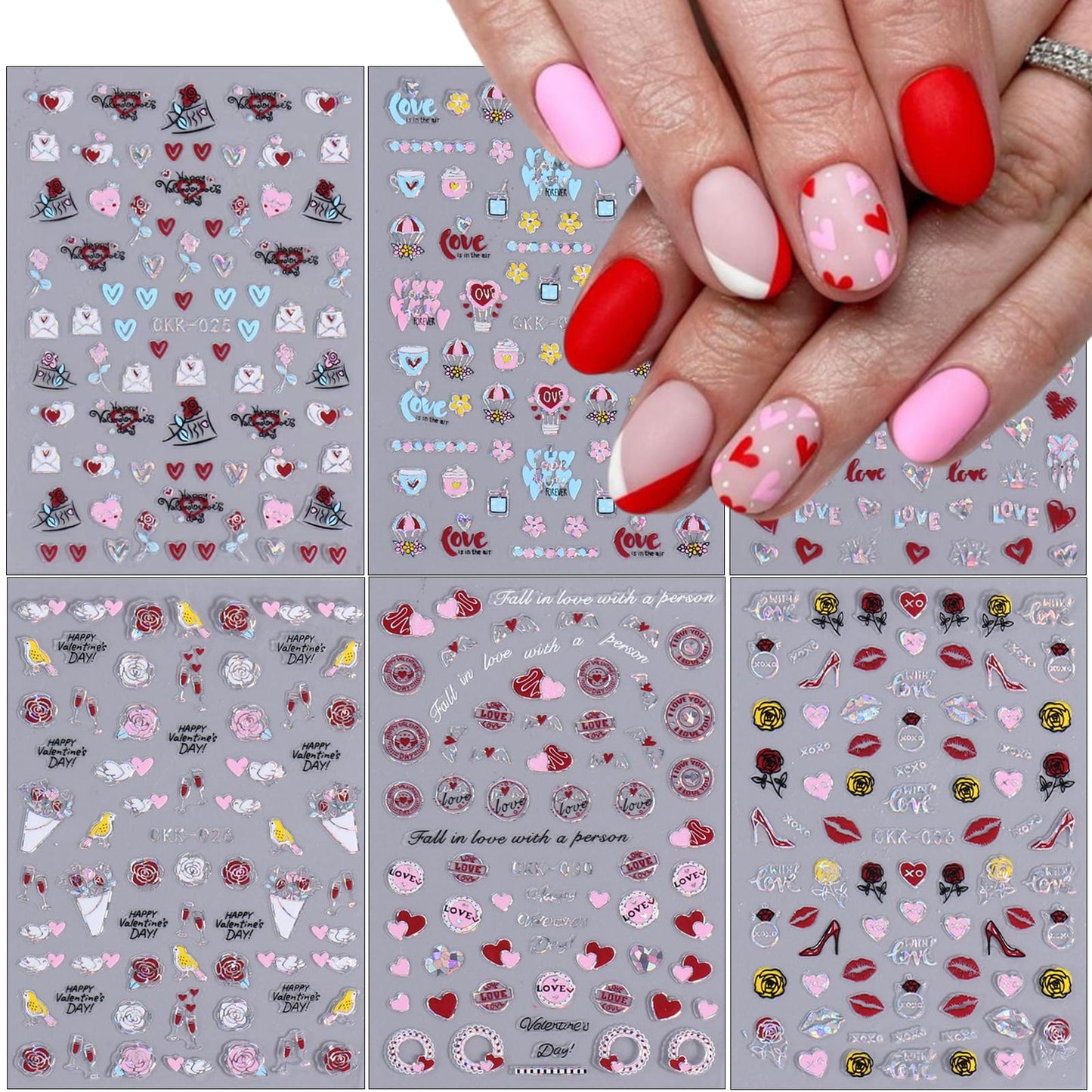 6 Sheets Valentine's Day Nail Art Sticker Decals Red Love Heart Lips Design Nail Decals 3D Self-Adhesive Rose Flower Nail Art Supplies Silvers Love Angel Nail Design Nail Decoration for Women Girls