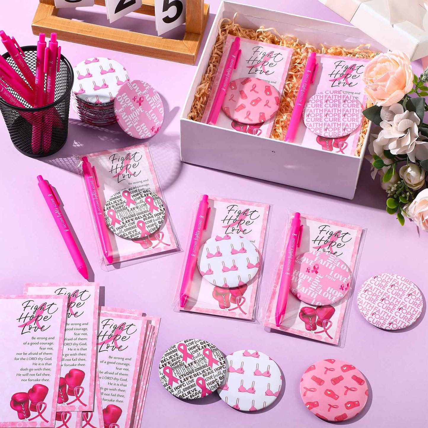Pinkunn 75 Sets Breast Cancer Awareness Accessories Bulk Breast Cancer Gift for Women Compact Mirrors with Pink Ribbon Boxing Glove Design, Ballpoint Pens, Motivational Cards Charity Party Favors