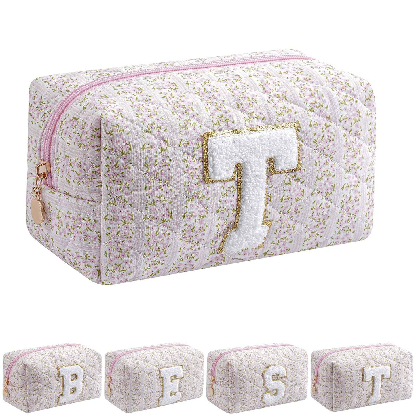 HHQQWZ Small Makeup Bag, Travel Cosmetic Bags for Women, Christmas Gifts for Girls Age 6-18, Pink Floral Zipper Makeup Pouch, Alphabet Make up Organizer Case, Travel Essentials Trendy Stuff (Pink T)