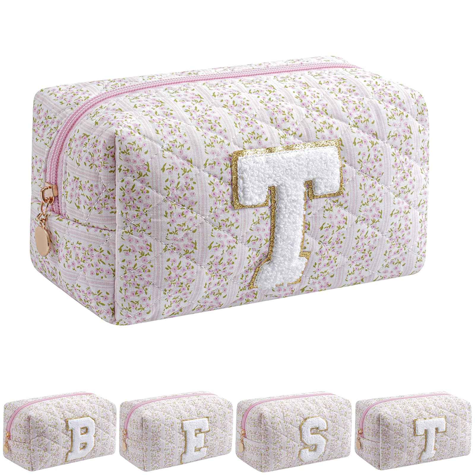 HHQQWZ Small Makeup Bag, Travel Cosmetic Bags for Women, Christmas Gifts for Girls Age 6-18, Pink Floral Zipper Makeup Pouch, Alphabet Make up Organizer Case, Travel Essentials Trendy Stuff (Pink T)