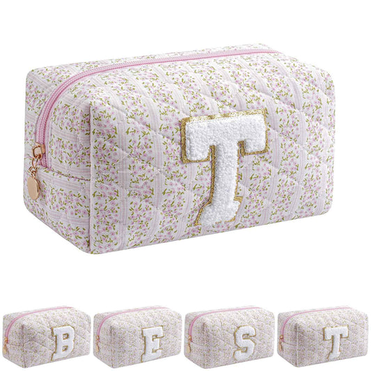 HHQQWZ Small Makeup Bag, Travel Cosmetic Bags for Women, Christmas Gifts for Girls Age 6-18, Pink Floral Zipper Makeup Pouch, Alphabet Make up Organizer Case, Travel Essentials Trendy Stuff (Pink T)