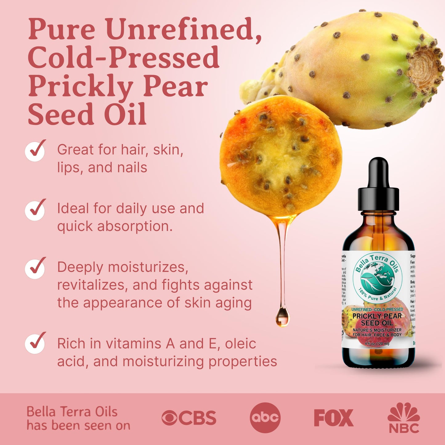 Bella Terra Oils - Prickly Pear Seed Oil 2 oz - Cold-Pressed Excellence, Packed with Vitamin E, Linoleic Acid, and Betalains, A Luxurious Touch for the Face