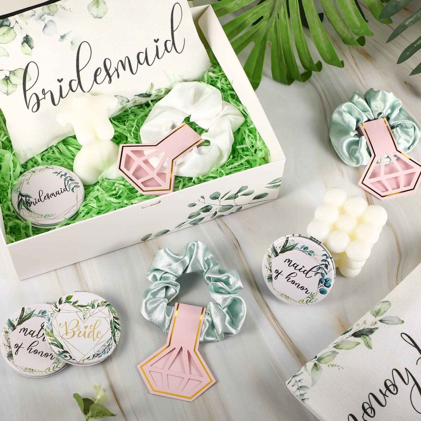 24 Pieces Bridesmaid Proposal Gifts Wedding Makeup Bag Gift Set Includes 8 Bridesmaid Makeup Bags 8 Satin Hair Scrunchies 8 Bridesmaid Compact Mirrors(Green Leaves)