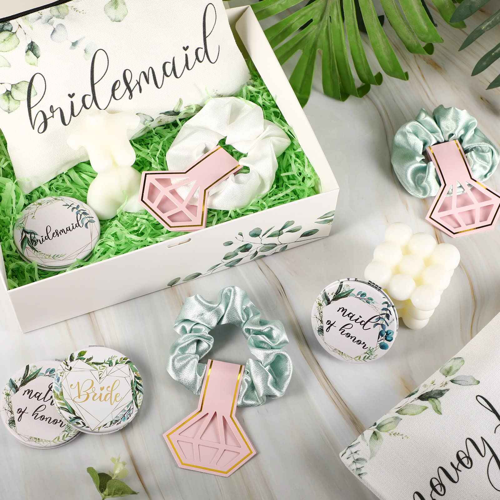 24 Pieces Bridesmaid Proposal Gifts Wedding Makeup Bag Gift Set Includes 8 Bridesmaid Makeup Bags 8 Satin Hair Scrunchies 8 Bridesmaid Compact Mirrors(Green Leaves)