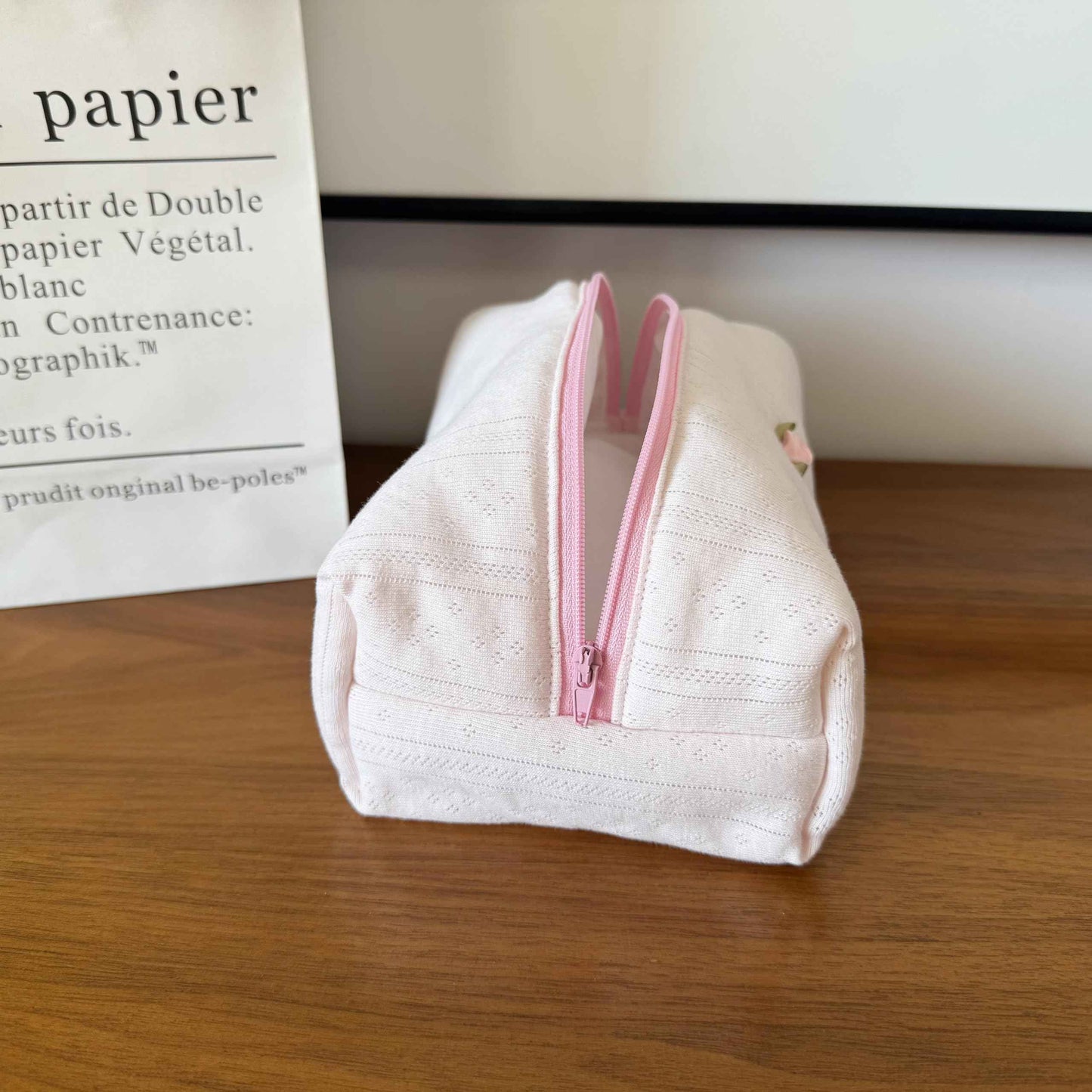 ZUNUONUO Handmade Quilted Cotton Makeup Bag for Women - Cute Cosmetic Pouch, Travel Toiletry & Make Up Organizer, Coquette Aesthetic Skincare Bag, Travel Essentials (Creamy Pink)