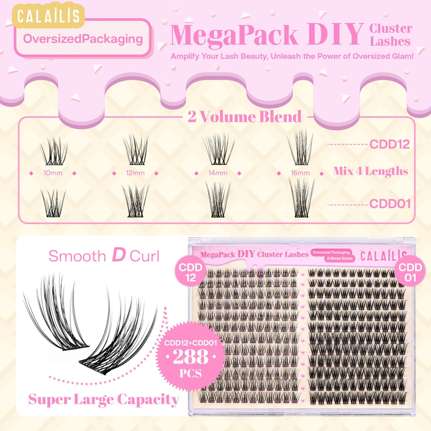 CALAILIS Lash Clusters DIY Eyelash Extensions 288pcs Oversized Packaging Natural Cluster Lashes Mega Volume Individual Lashes Wispy Eyelash Clusters(MPCDD12+CDD01,D-10-16MIX)