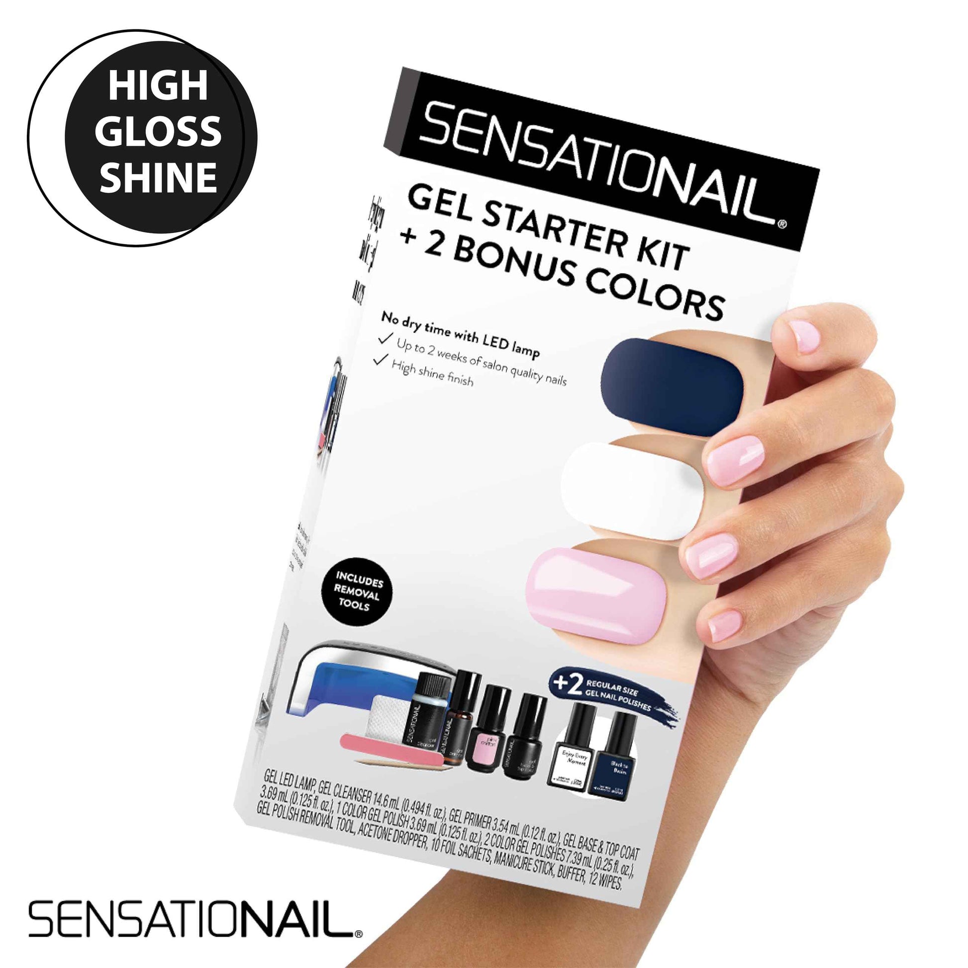 Sensationail Complete Gel Nail Polish Starter Kit - Long-Lasting Salon Grade Manicure Kit with UV Lamp - Includes Primer, Base & Top Coat, Cleanser, & More - Includes White, Black, & Pink Gel Polish