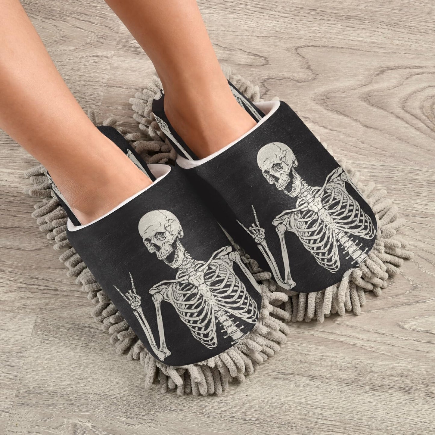 Human Skeleton Rock And Roll Mop Slippers Shoes Skull Bone Love Music Cleaning House Slippers Spa Slippers Dusting Slippers Home Shoes M for Men Women