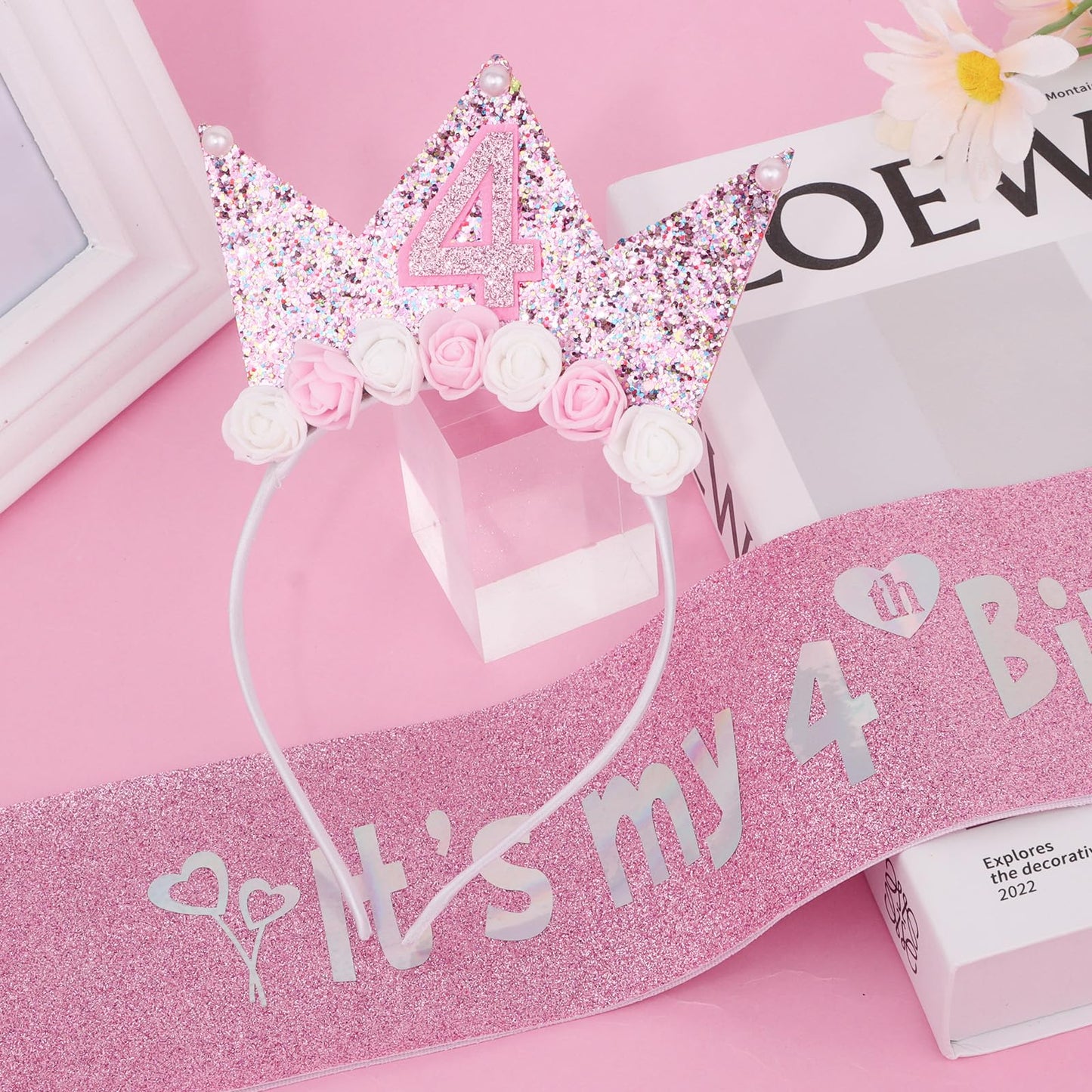 YARIEW 4th Birthday Decorations for Girls, 4th Birthday Headband and Glitter Birthday Sash Kit, Birthday Tiara Flower Princess Crown Headband It's My Birthday Sash Birthday Girl Outfit