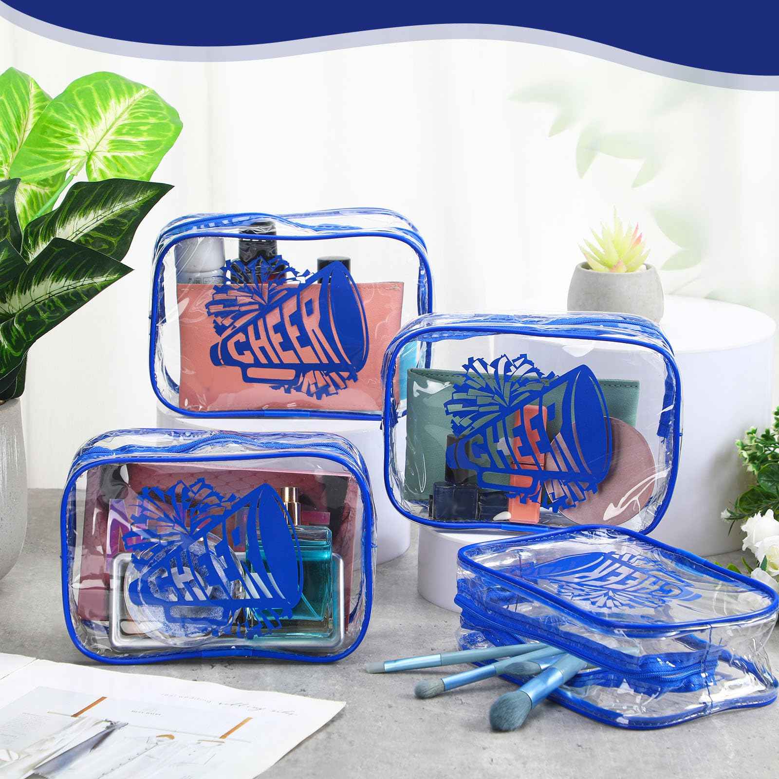 Kacctyen 24 Pcs Cheer Makeup Bag Cheer Gifts Bulk for Team 7 x 4.7 x 2.4'' Cosmetic Bag Cheerleader PVC Makeup Case Clear Toiletry Zipper Pouch for Cheerleading Teammates Party Supplies (Blue)