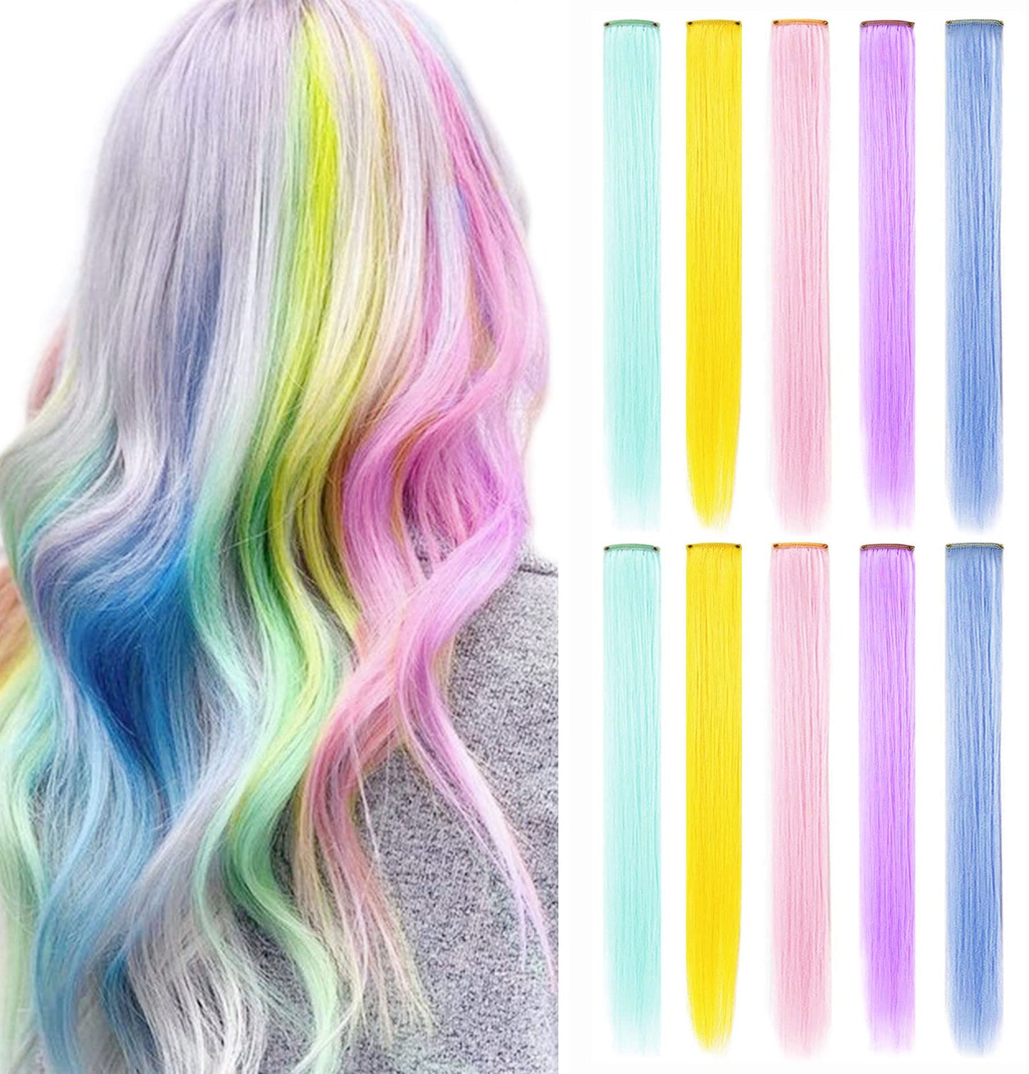 FAIRY COLOR 10 PCS Colored Hair Extensions, Multi-colors Party Highlights Clip in Heat-Resistant Synthetic Hair Extensions 21 Inch (Light blue Light pink Light green Light purple Yellow)