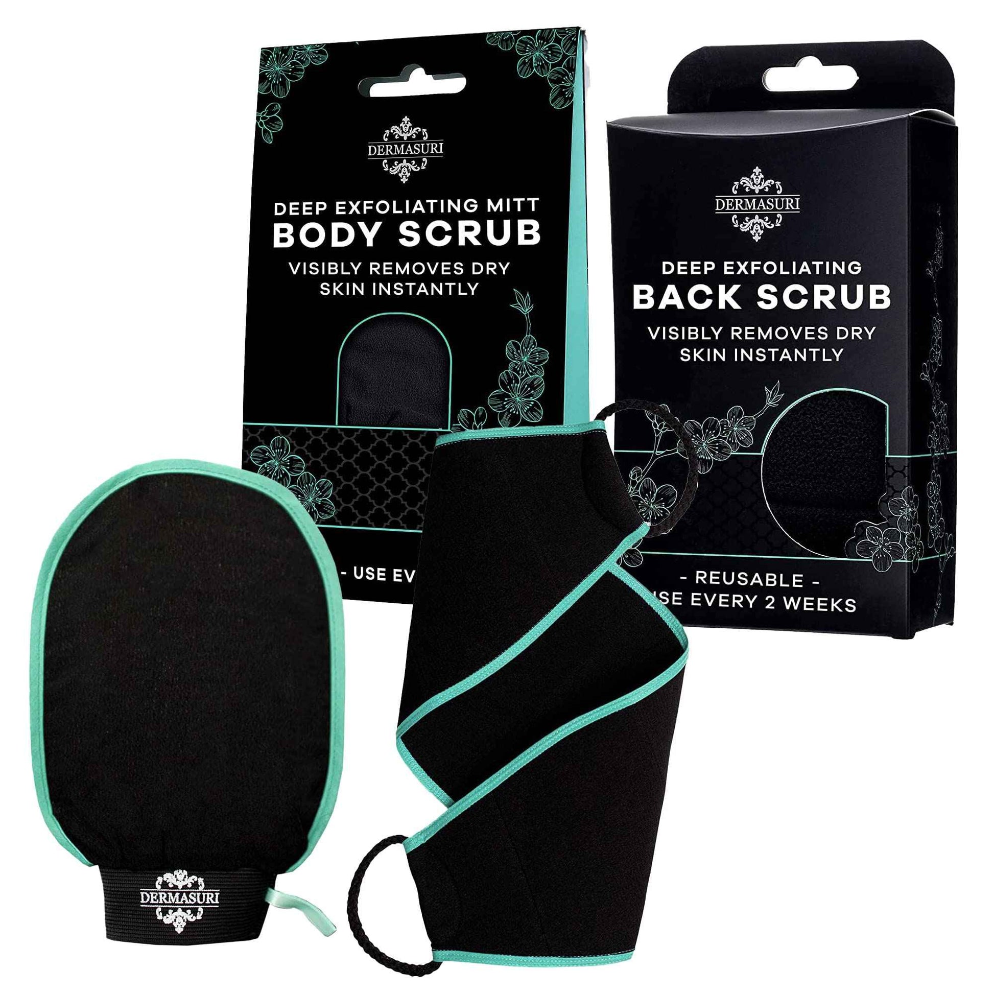 Dermasuri - Deep Exfoliating Body Mitt & Back Scrub Bundle - Bath & Shower Body Scrubs - Cleansing & Full Body Exfoliation - Spa Exfoliator Glove - Dry Skin Care Treatment for Women & Men