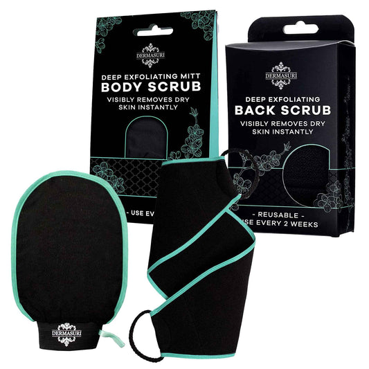 Dermasuri - Deep Exfoliating Body Mitt & Back Scrub Bundle - Bath & Shower Body Scrubs - Cleansing & Full Body Exfoliation - Spa Exfoliator Glove - Dry Skin Care Treatment for Women & Men