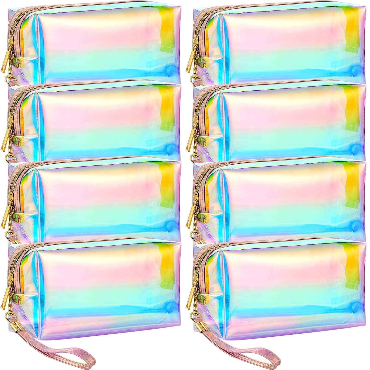 Dunzy 8 Pcs Holographic Iridescent Clear Makeup Bags with Zipper Travel Cosmetic Pouches with Wrist Loop Waterproof Toiletry Organizer Case Home Office Beach Pouch Purse Diaper Vacation Gift Bag(M)