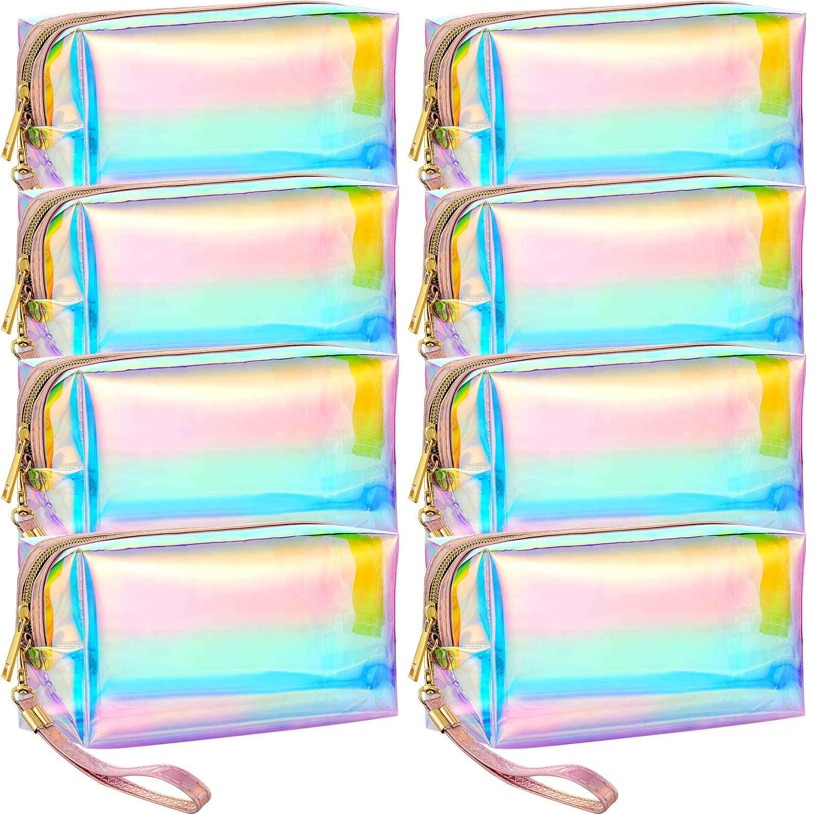 Dunzy 8 Pcs Holographic Iridescent Clear Makeup Bags with Zipper Travel Cosmetic Pouches with Wrist Loop Waterproof Toiletry Organizer Case Home Office Beach Pouch Purse Diaper Vacation Gift Bag(M)