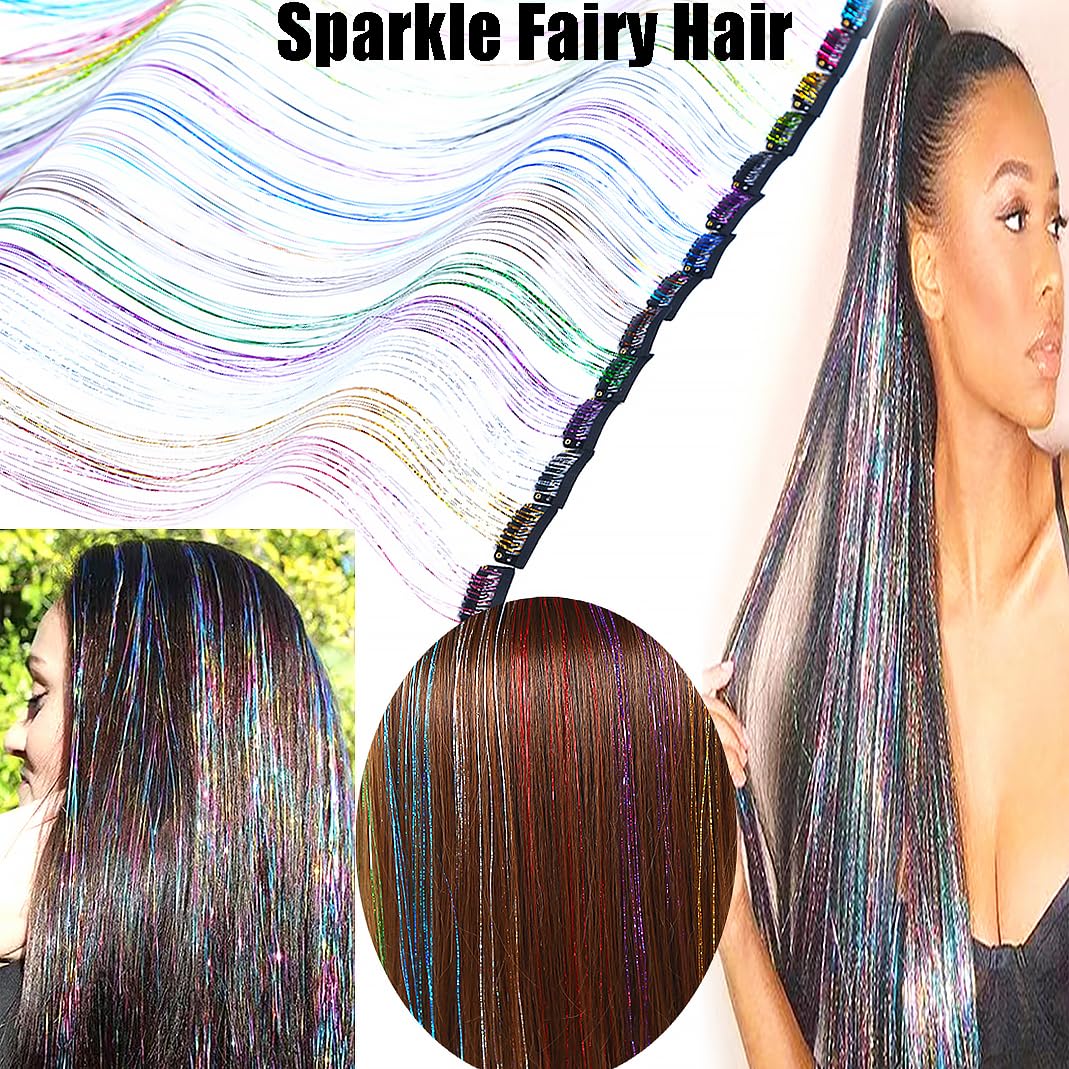 Clip in Hair Tinsel Kit 20Inch Glitter Tinsel Hair Extension 12Pcs Rainbow Fairy Hair Tinsel Kit for Christmas New Year Halloween Party Sparkly Hair Accessories for Women Girls (Pink)