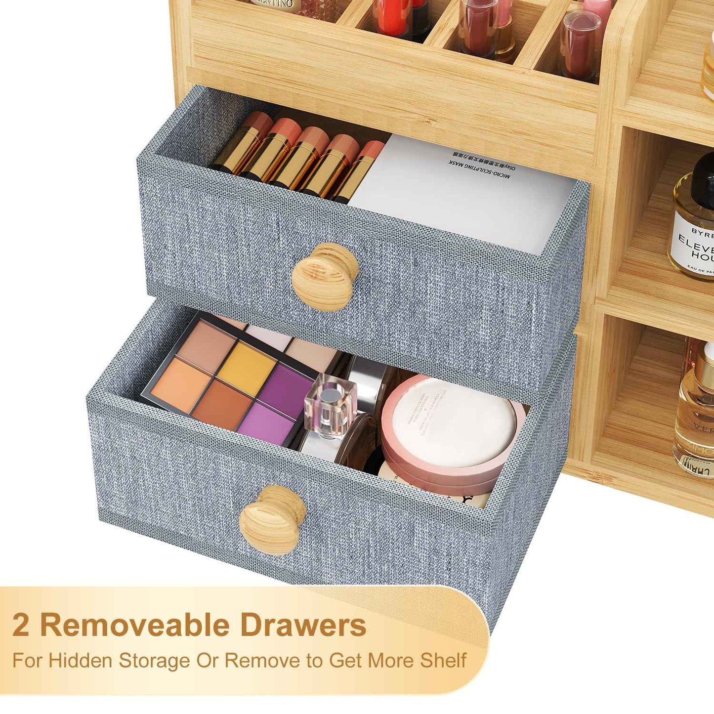 Large Makeup Organizer Countertop For Vanity Dresser, Bamboo Bathroom Counter Organizers And Storage,Cosmetic Skincare Perfume Organizer With 3 Makeup Brush Holder/2 Drawers/5 Shelves /8 Compartments