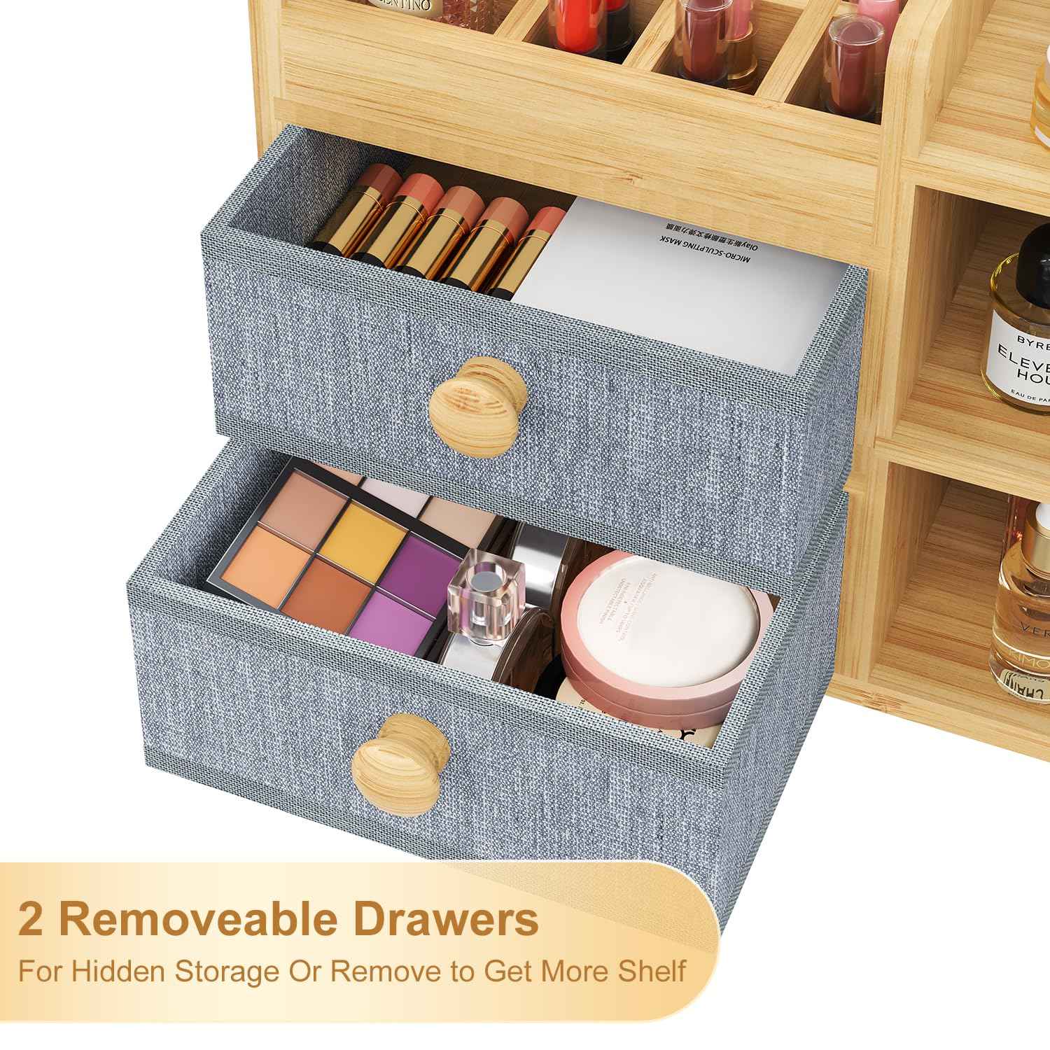 Large Makeup Organizer Countertop For Vanity Dresser, Bamboo Bathroom Counter Organizers And Storage,Cosmetic Skincare Perfume Organizer With 3 Makeup Brush Holder/2 Drawers/5 Shelves /8 Compartments