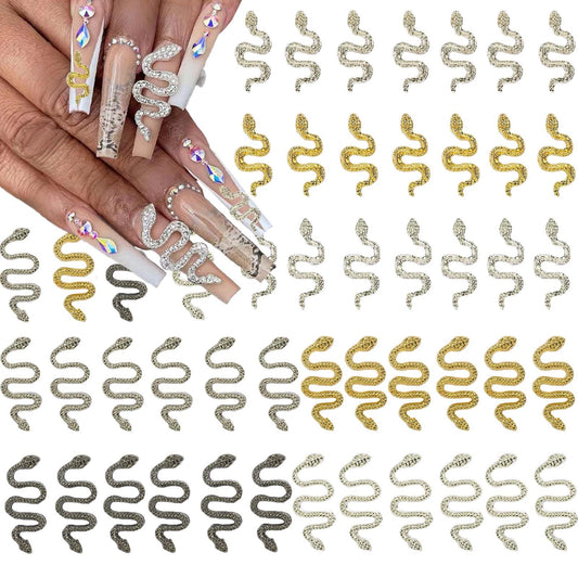 70Pcs Snake Nail Charms Multiple Color Snake Nail Art Charms Gold Silver Black Snake Nail Rhinestone Retro Nail Jewelry Accessories Snake Nail Charms for Women Acrylic Manicure Art Decorations