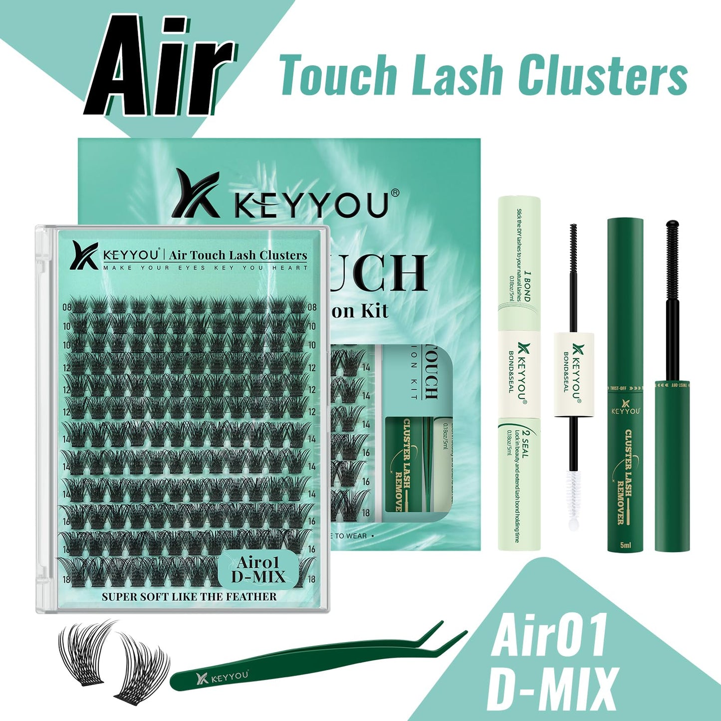 KEYYOU Lash Extension Kit 144pcs Air Touch Lash Clusters with Bond and Seal Lash Applicator Remover D Curl DIY Eyelash Extension Kit Easy to Apply at Home(Air01Kit-D-8-18Mix)