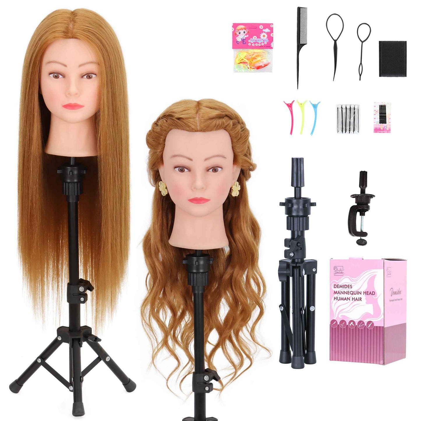26-28’’ Mannequin Head with 80% Human Hair with Adjustable Tripod Stand, Cosmetology Doll Head for Braiding, Mannequin Head Human Hair for Hairdressers Practice Hairstyling with Tools
