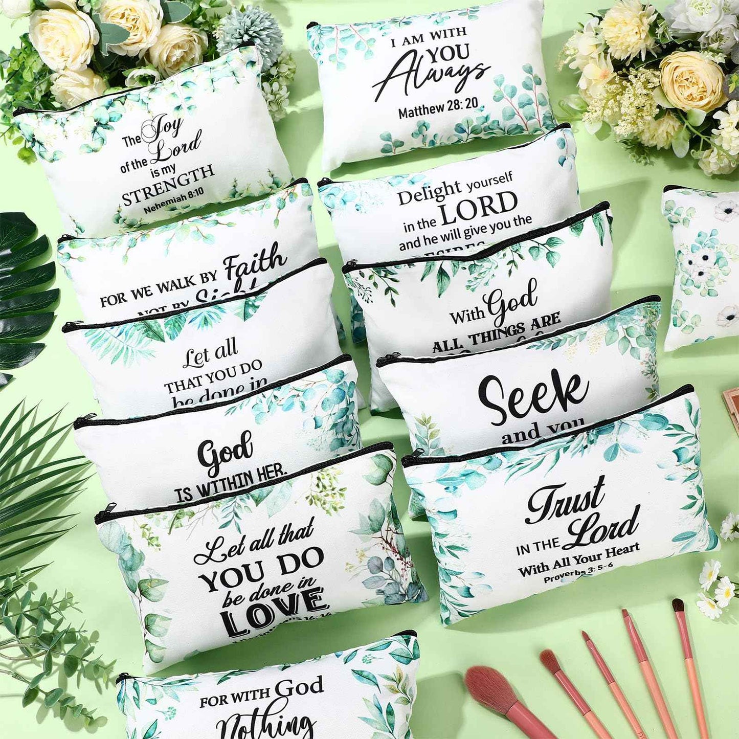 Hillban 36 Pcs Christian Gifts for Women Christian Makeup Bag Bible Verse Cosmetic Bag Inspirational Pencil Case with Zipper Green Leaves Travel Organizer Pouch for Cosmetics Makeup Brushes, 12 Styles