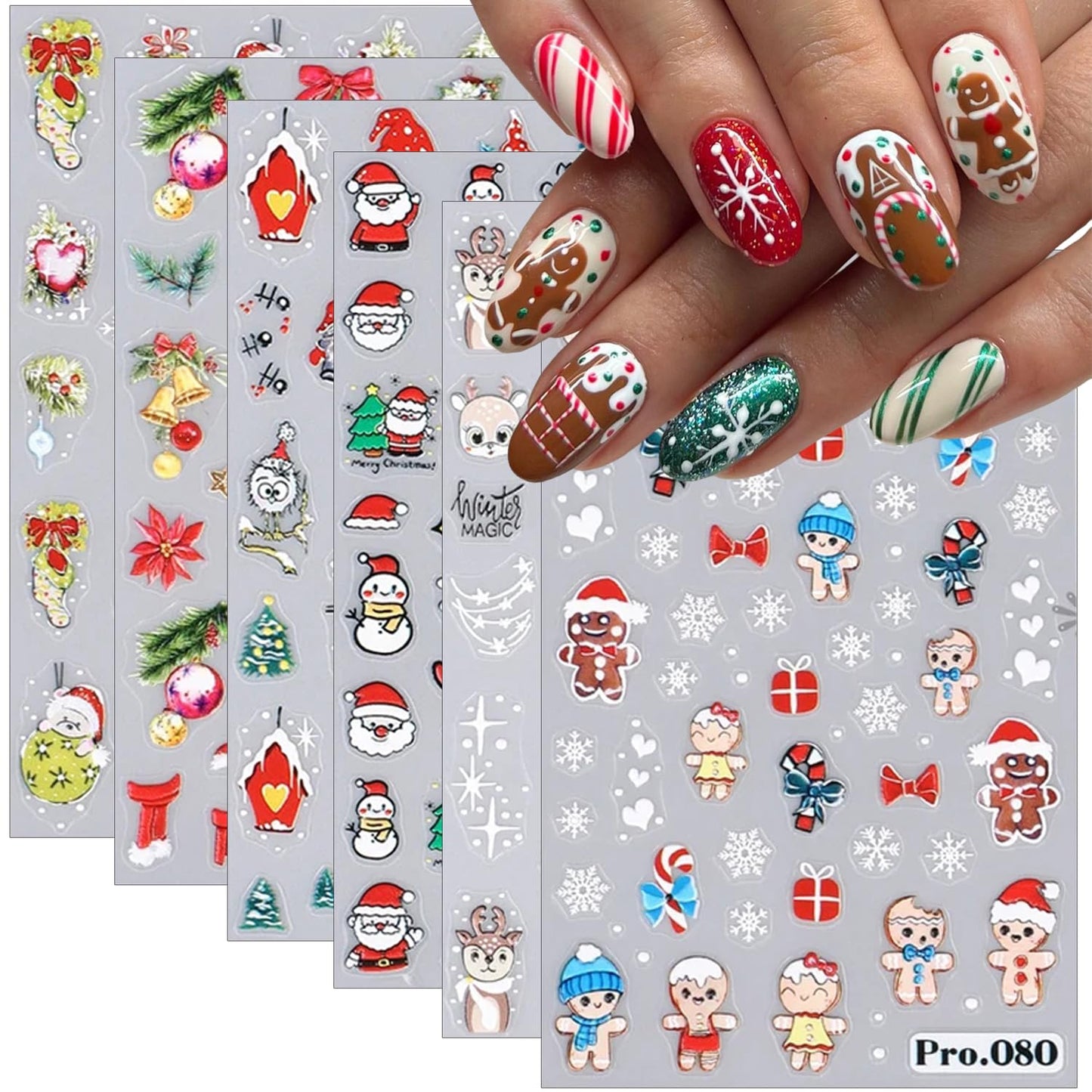 6 Sheet Christmas Nail Art Stickers Decals Self-Adhesive 3D Snowflake Santa Claus Nail Stickers Cute Christmas Nail Art Design Stickers Elk Bell Nail Decals for Women Xmas Holiday Nail Decoration Supp