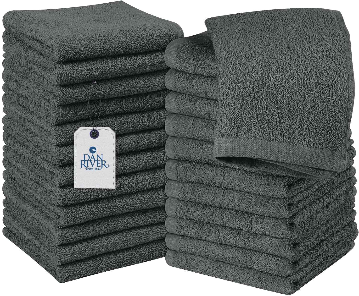 DAN RIVER 100% Cotton Wash Cloths 24 Pack [12x12] Soft & Absorbent face wash Cloth, Gym, Hotels & Spa Perfect for Everyday Use Fingertip Towels, Gray