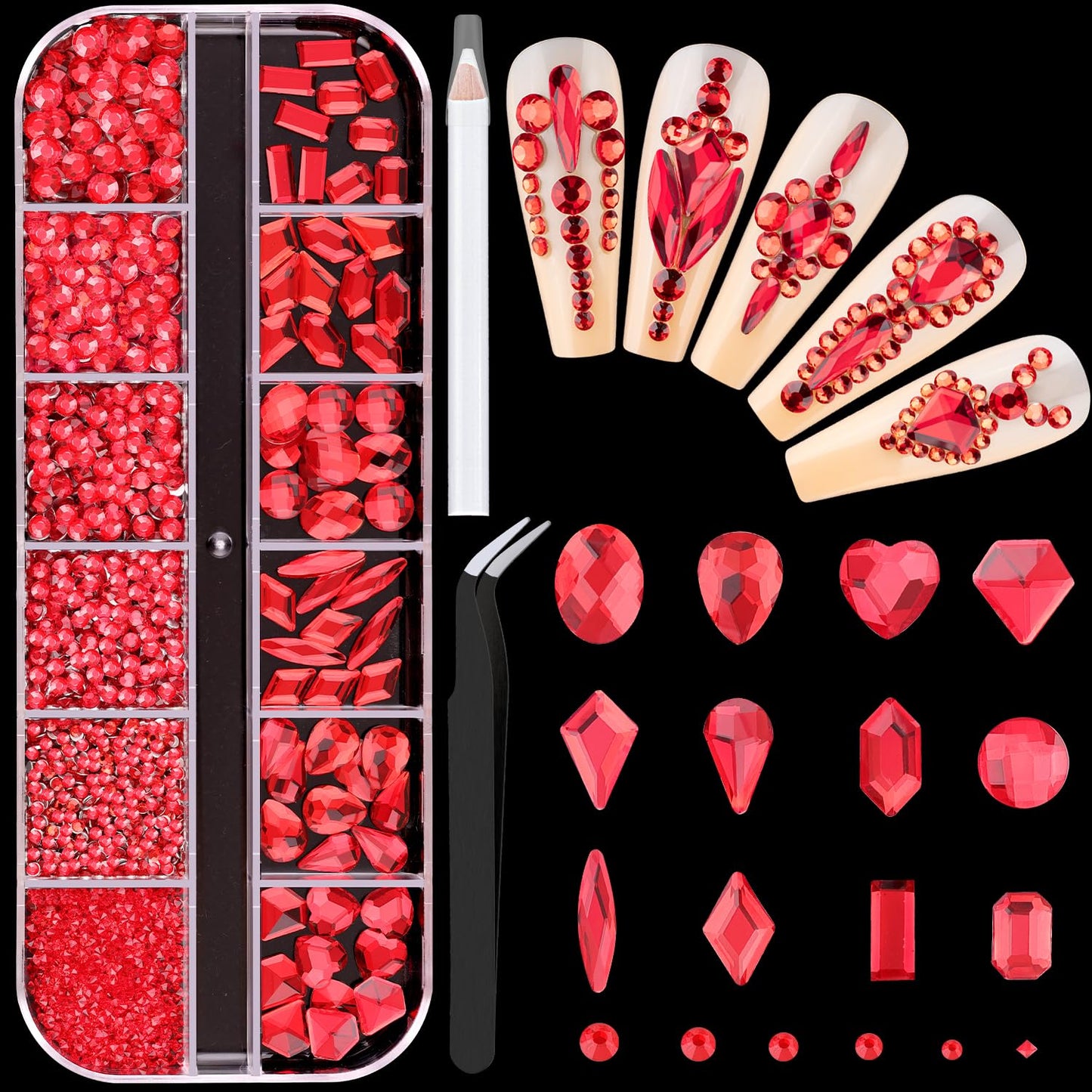 1560Pcs Red Glass Nail Rhinestones 60Pcs Multi Shapes Flatback Gems Crystal + 1500Pcs 1.5-4mm Round Beads, Manicure Diomand Jewelry Gemstones for Nail Design Makeup Acrylic Nails Decoration