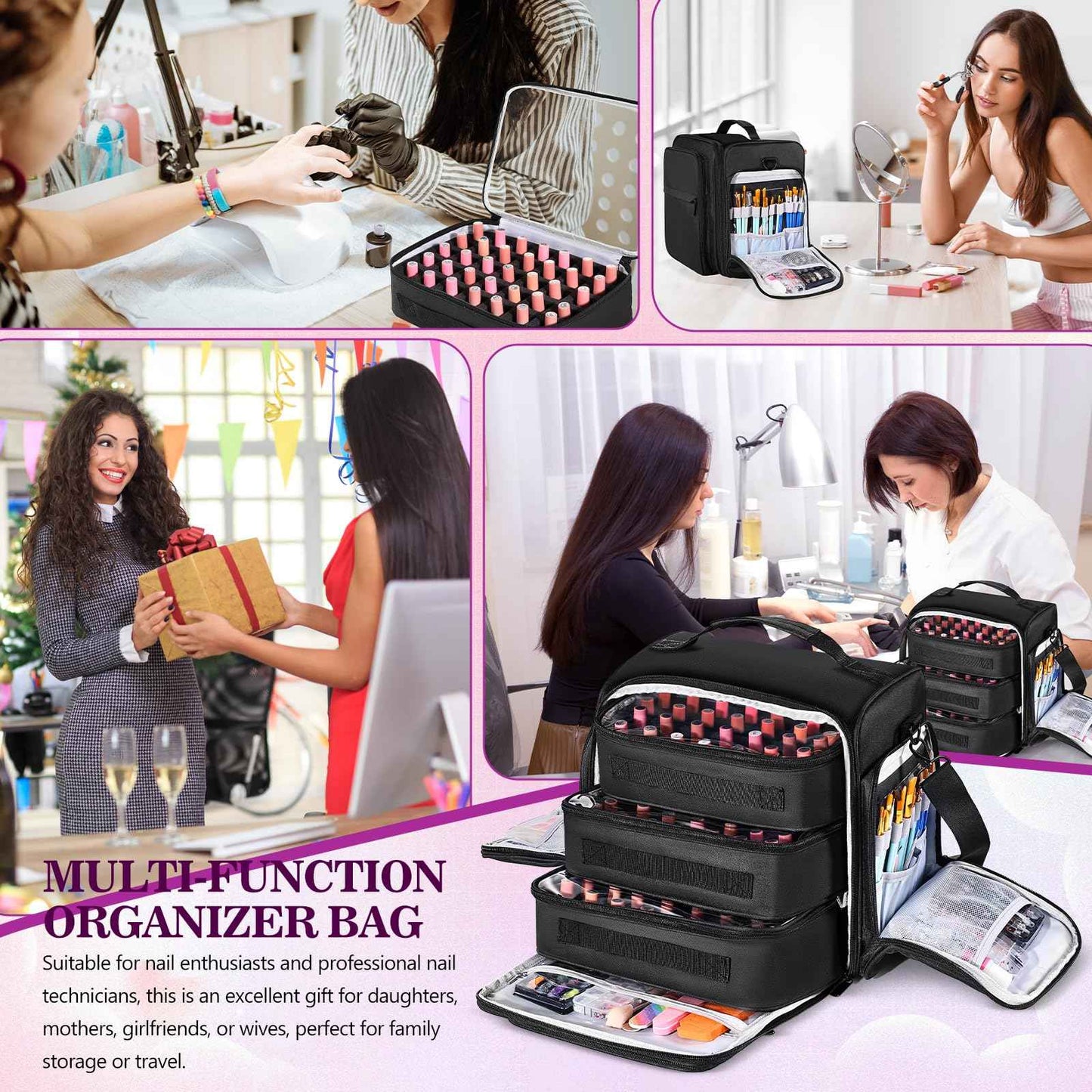 ZWRTU Extra Large Nail Polish Organizer Case Holds 105 Bottles with 3 Removable Pouches for Manicure Tools, Supplies, Nail Lamp, Gift for Girls