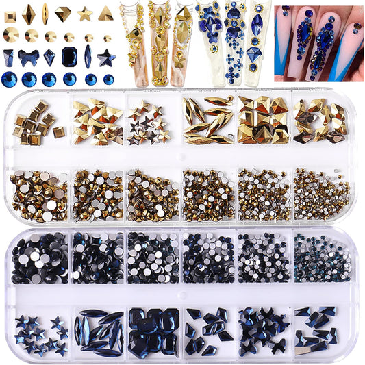 BELICEY Nail Art Rhinestones Gold Blue Flatback Round Rhinestones Charms Nail Gem Stones with K9 Bling Glass Crystals Diamonds Jewelry for Nail Design DIY Crafts Face Decoration