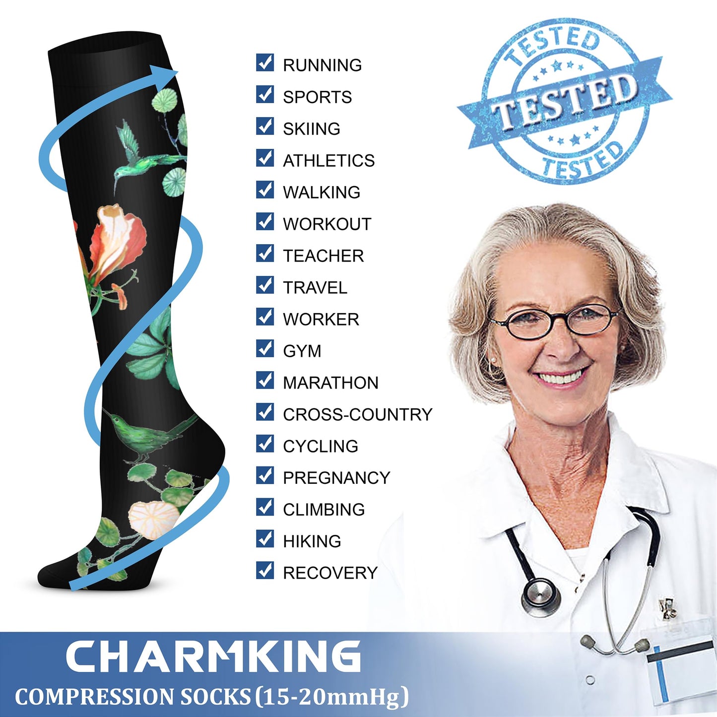 CHARMKING Compression Socks for Women & Men Circulation (3 Pairs) 15-20 mmHg is Best Athletic for Running, Flight Travel, Support, Cycling, Pregnant - Boost Performance, Durability (S/M, Multi 65)