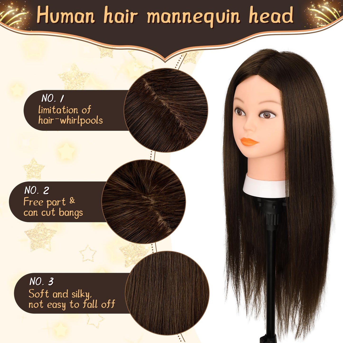 Mannequin Head with 70% Human Hair, Yofuly 26" Dark Brown Real Human Hair Training Head, Cosmetology Doll Head with Clamp Holder & Tools, Practice Doll Head for Hair Styling, Braiding, Curling,Cutting