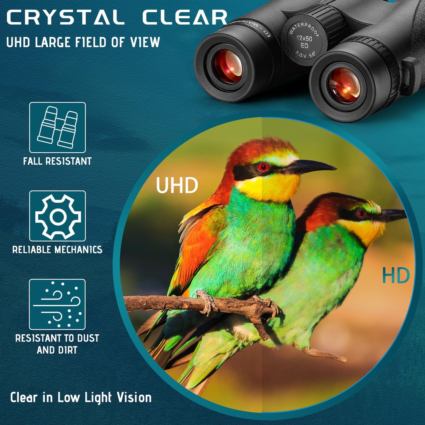 EEDABROS 12×50 UHD Binoculars for Adults High Powered with ED Glass- Large View Binoculars with Clear Low Light Vision - Lightweight Waterproof Binoculars for Bird Watching Hunting Stargazing