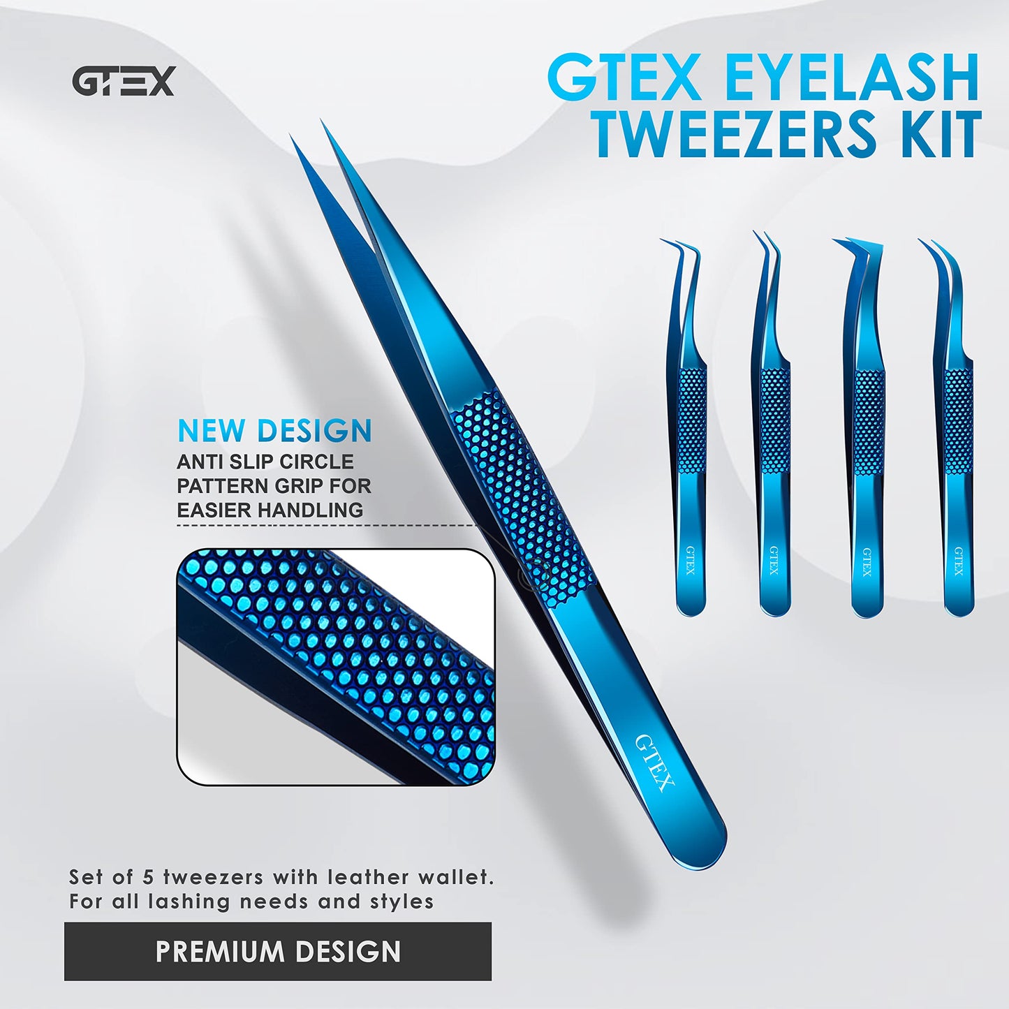 GTEX Lash Tweezers For Eyelash Extensions Tweezers, Circle Grip - Japanese Steel - Professional Eyelash Tweezers For Extensions, 5 Pack - BLUE