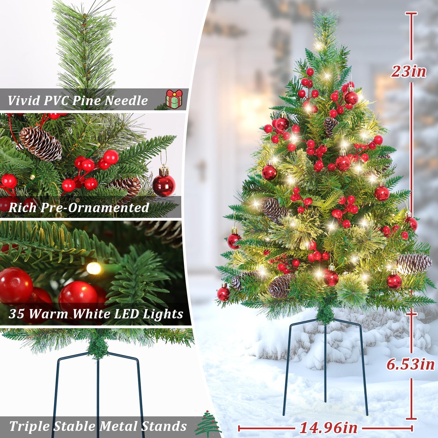 Set of 2 Outdoor Pathway Christmas Trees, 30” Battery Operated Pre-Lit Artificial Xmas Trees with 35 LED Lights, 8 Flash Modes, Holiday Décor for Porch Yard with Red Berries/Pine Cones/Ball Ornaments