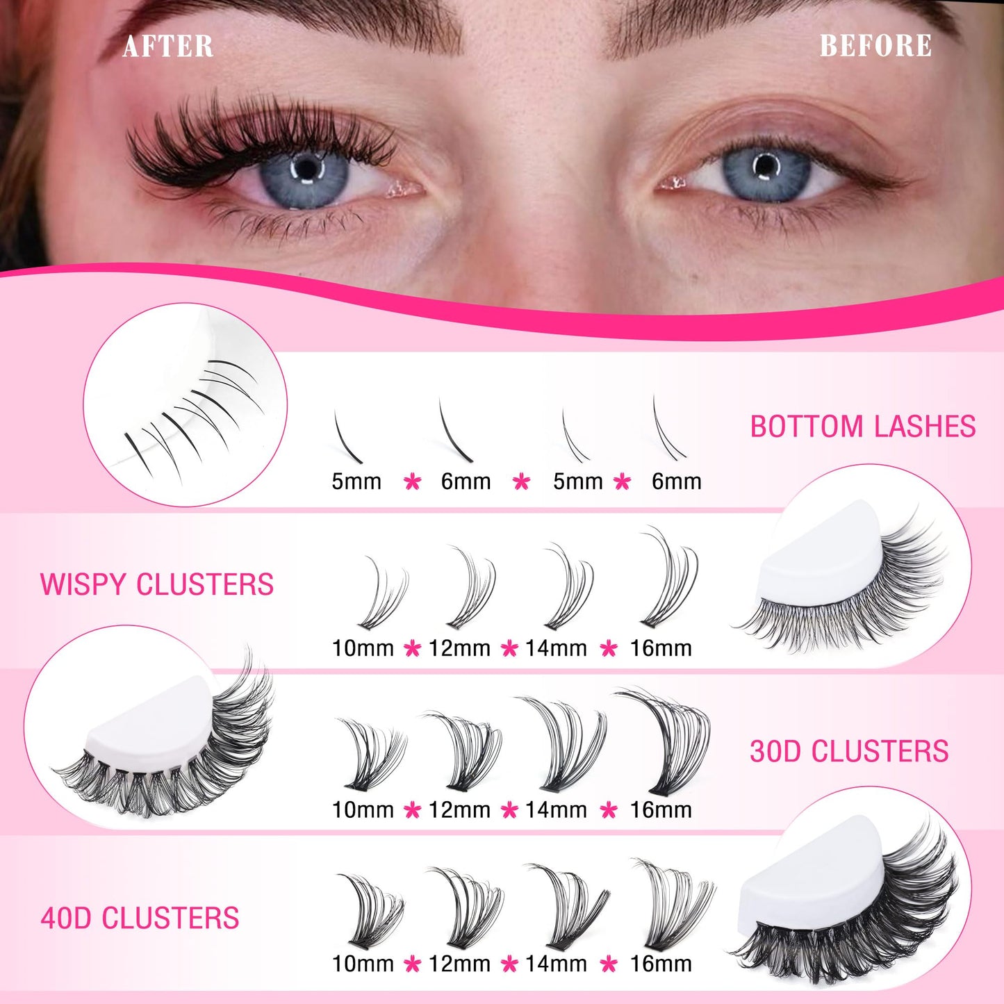 Lash Clusters Wispy 30D+40D D Curl Natural Cluster Lashes 484 Pcs Lash Cluster and Bottom Lashes 9-16 mm Mix Individual Lashes for Beginners