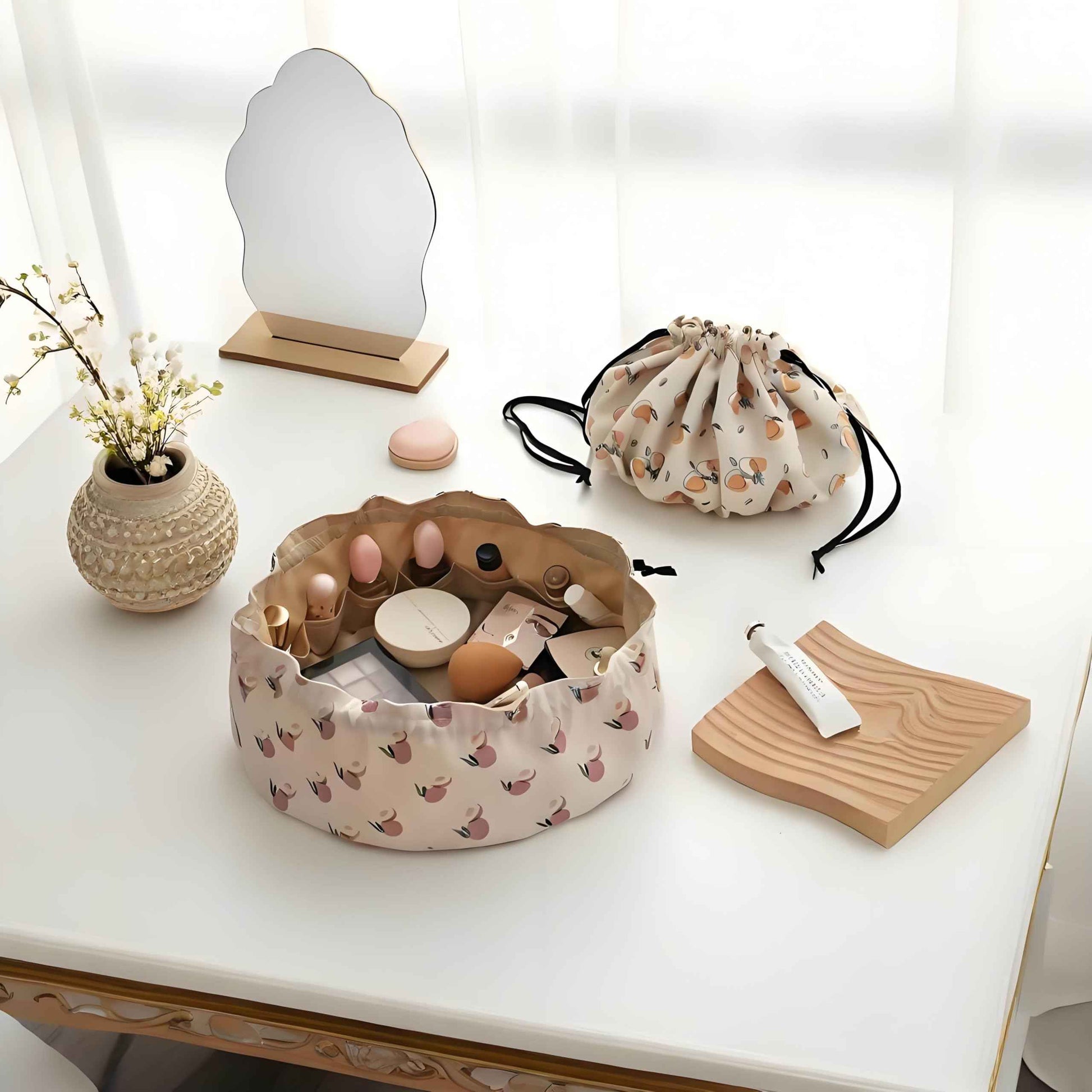 Large Capacity Drawstring Makeup Bag - Lightweight Oxford Fabric Cosmetic Organizer with Fruit Print, Travel Toiletry Pouch for Women & Beauty Lovers (Portable, Effortless Storage)(Peach powder)