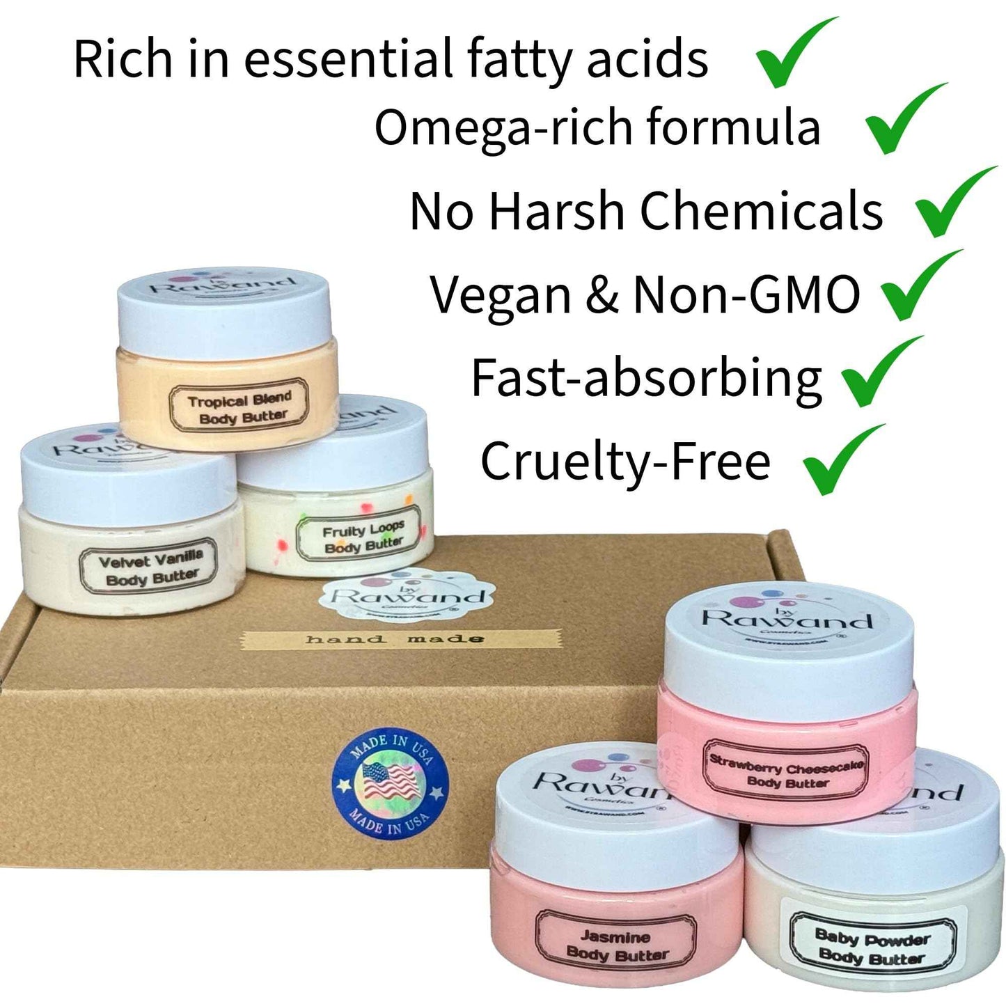 ByRawand Handmade Body Butter Pack of 6, Organic, Omega-Rich Formula with Hyaluronic Acid- 6 Scents 1.5oz each Made in USA