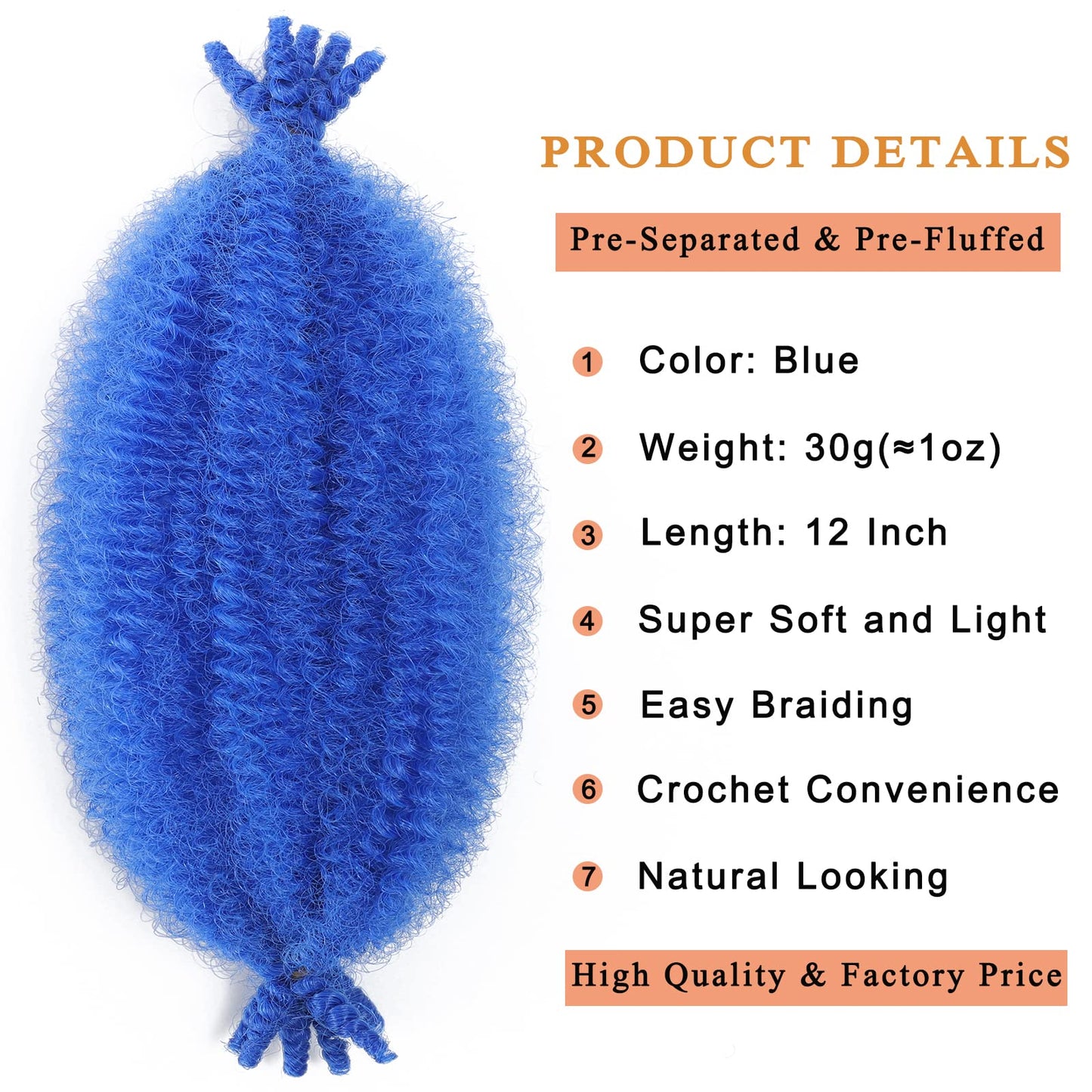 12 Inch Springy Afro Twist Hair 8 Packs Marley Twist Braiding Hair Blue Pre-Separated Spring Twist Hair for Soft Locs Crochet Hair Marley Hair Extensions Suitable for Black Women