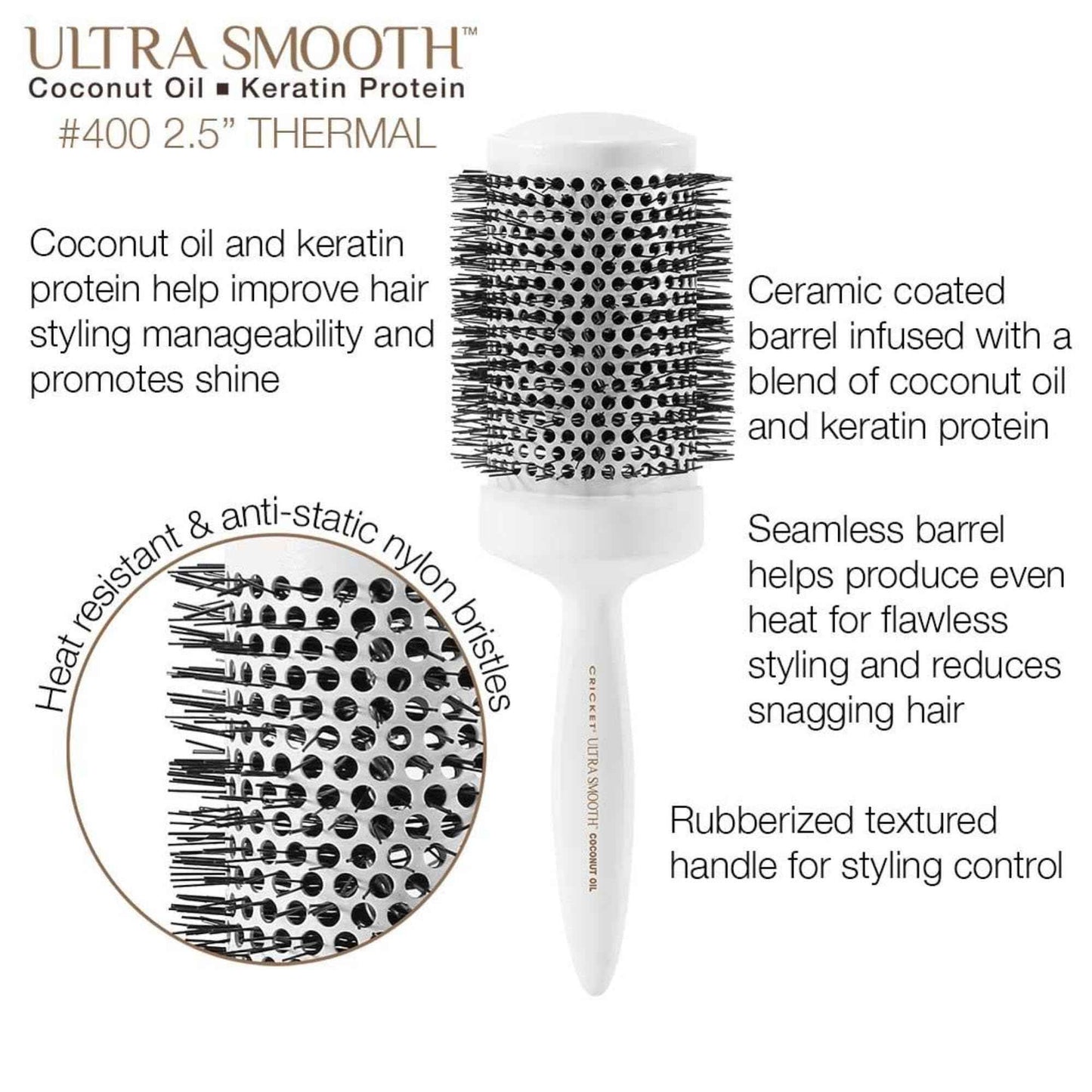 Cricket Ultra Smooth Coconut Thermal Hair Brush – 2.5” Ceramic Barrel, Coconut Oil and Keratin-Infused, Anti-Static Heat-Resistant Bristles, Textured Handle for Styling All Hair Types