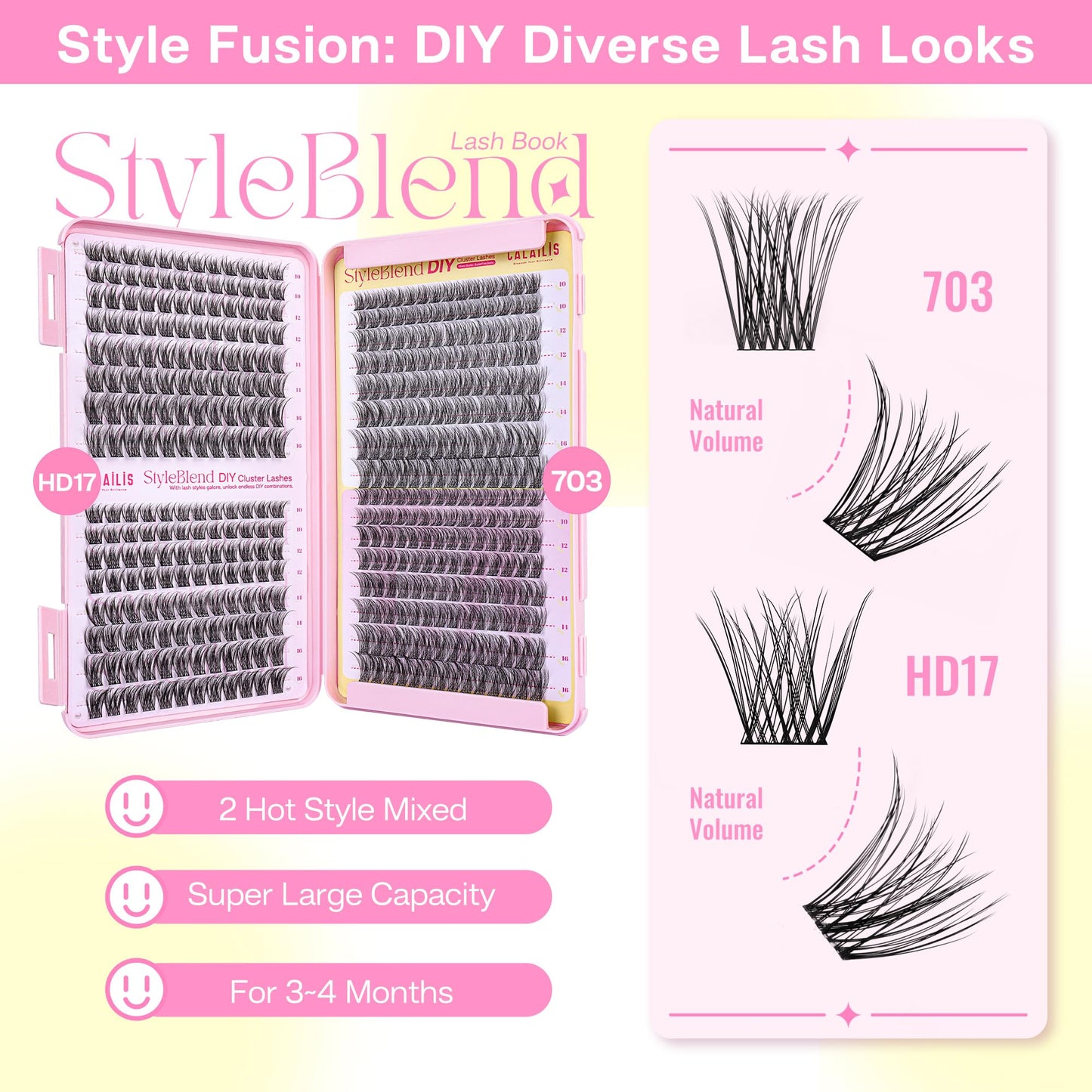 CALAILIS Lash Clusters Wispy 416Pcs D Curl Cluster Eyelash Extensions Multi-Type Mixed DIY Eyelash Clusters Soft and Reusable Ultra-Large Capacity Individual Cluster Lashes (703&HD17)