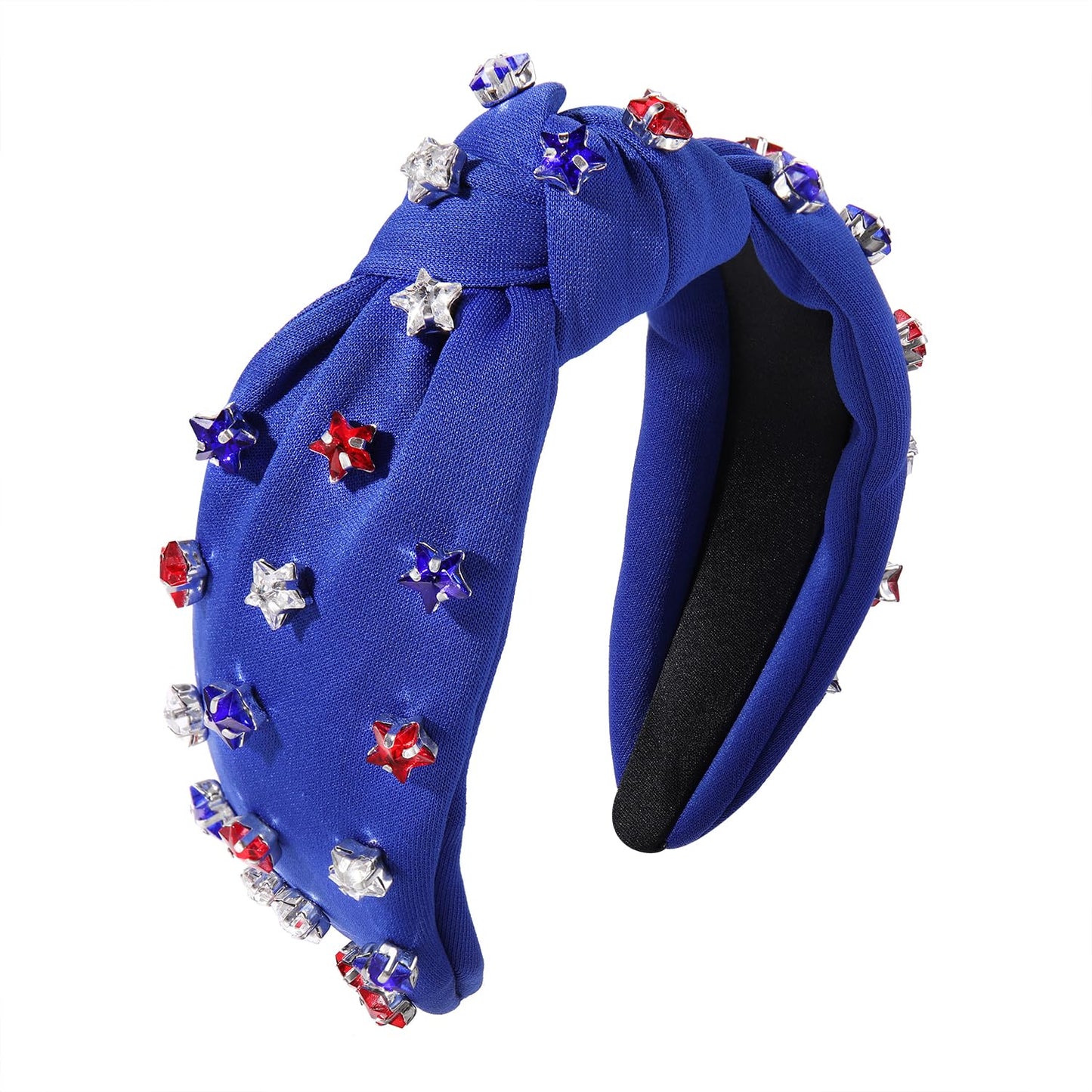 4 th of July Headband for Women American Flag Knottted Headband Red White Blue Crystal Star Charm Headpiece Fourth of July Patriotic Top Knot Wide Hairband Independence Day Party Favor Decor (blue knot headband)