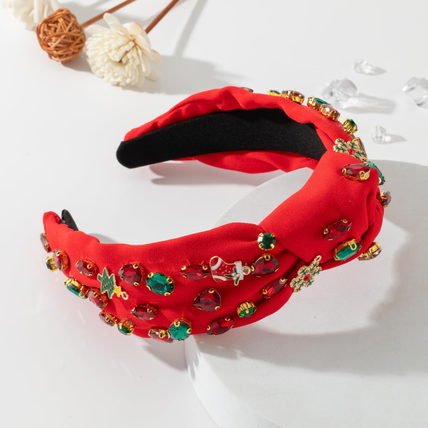 Christmas Jeweled Headband for Women Red Green Crystal Xmas Tree Snowflake Embellished Knotted Hairband ladies Twist Wide Red Hair Band Accessories Fashion Holiday Hairband Gifts (Christmas-red)