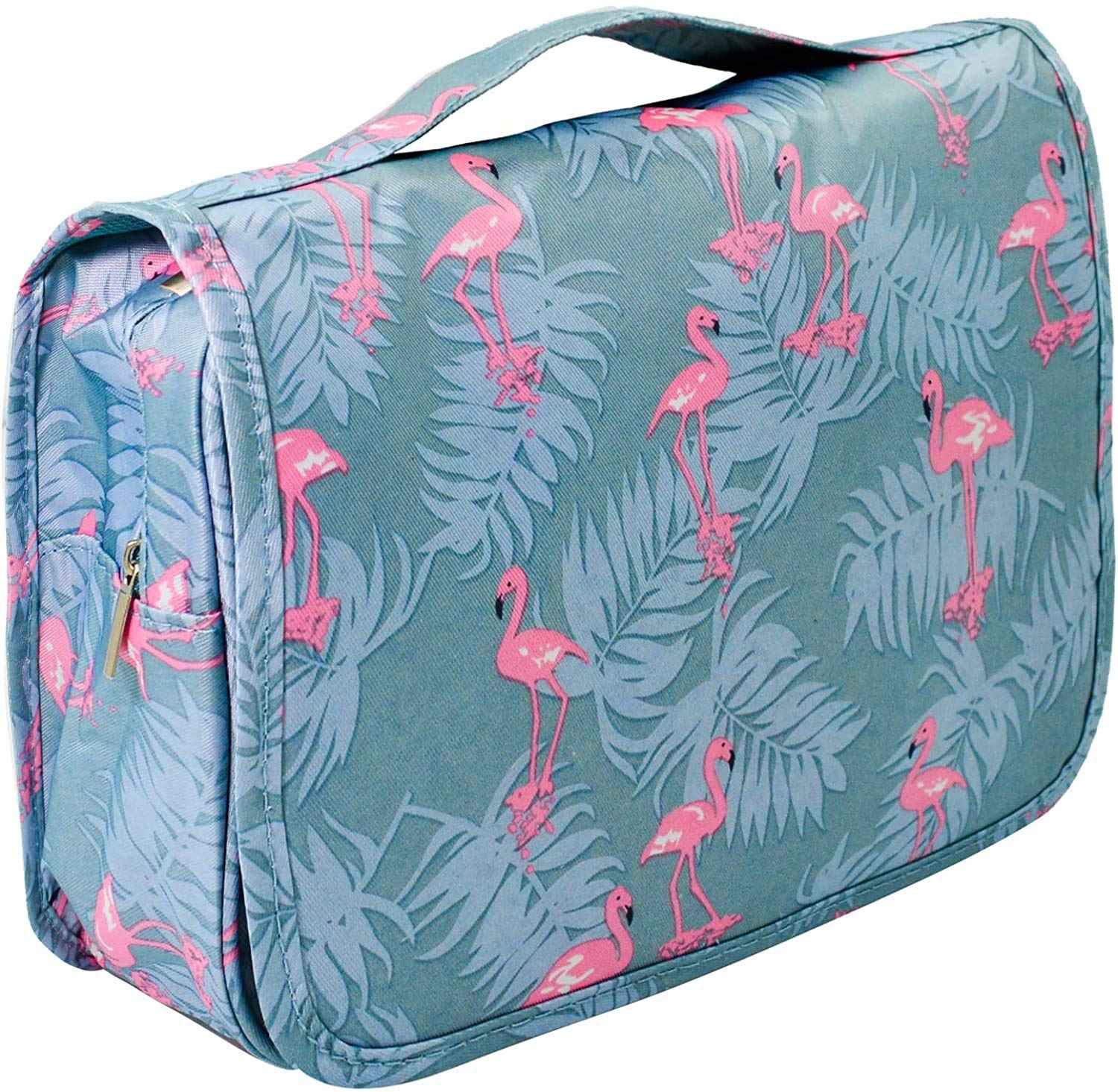 Trawila Travel Hanging Toiletry Bag Cosmetic Bag Makeup Organizers for Men & Women with Sturdy Hook (Light Blue Flamingo)