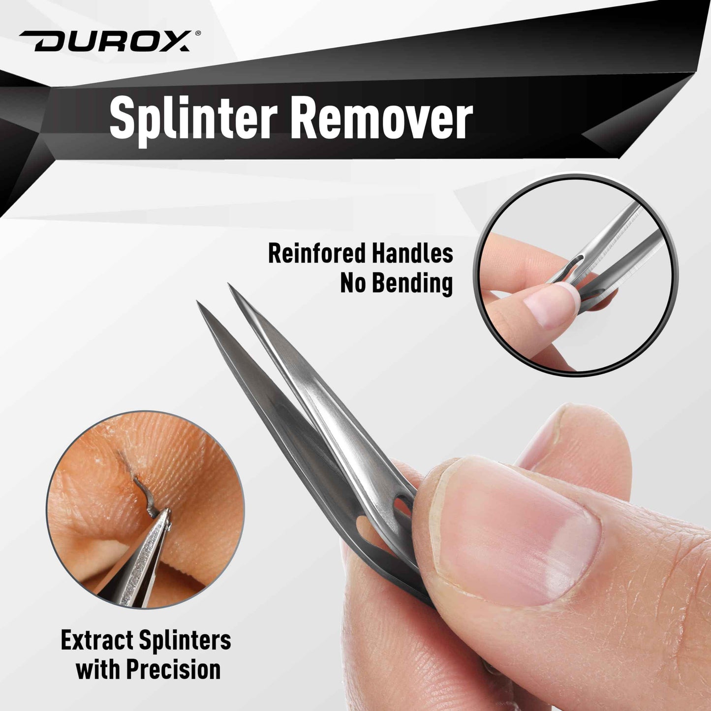 DUROX 3-Piece Tweezer Set — 1.Pointed Ingrown Hair Tweezers, 2.Fine-Tip Splinter Tweezers, 3.Safety Round Tip for Facial & Chin Hair Removal. Made of stainless steel. Protective pouch for safe storage